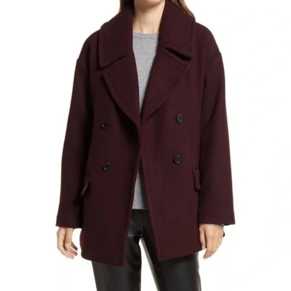 🆕NORDSTROM Double Breasted Elongated Peacoat Burgundy Small - Picture 2 of 13